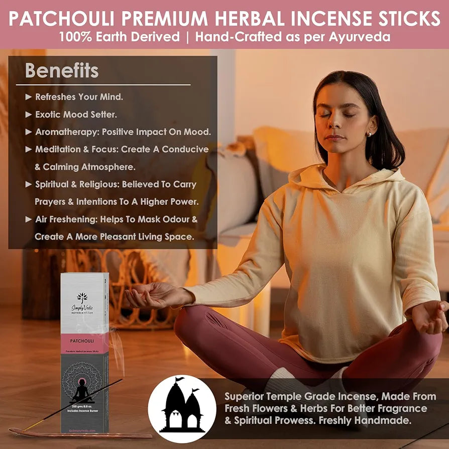 Simply Vedic Patchouli Incense Sticks – 250g Pack  | Charcoal-Free | Natural Essential Oils for Meditation, Yoga, Relaxation, Prayers & Aromatherapy