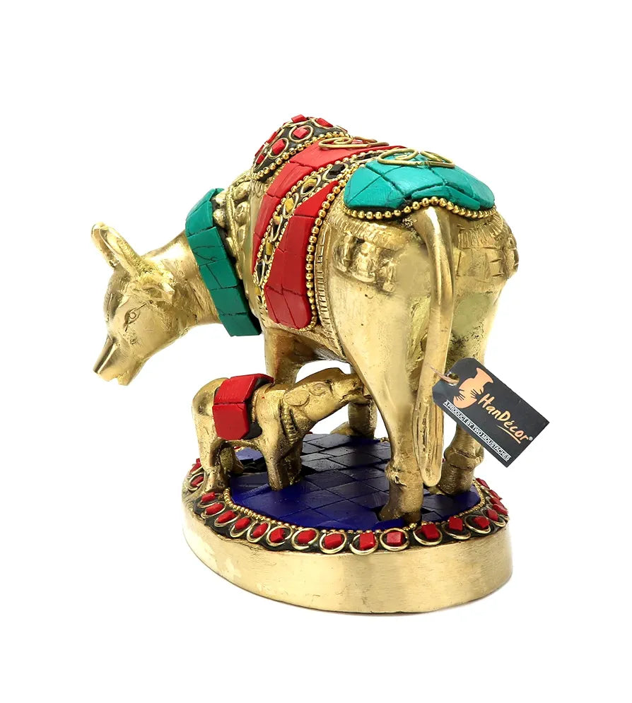 Two Moustaches Gemstone Work 5.5 Inches Kamdhenu Cow Brass Showpiece, Standard, Multicolor, Pack of 1