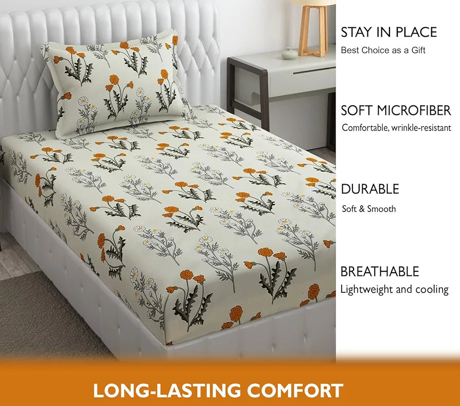 FRESH FROM LOOM Single Bed Microfiber Bedsheet with Floral Print - 240 TC, Hypoallergenic, Includes 1 Pillow Covers , Multicolor