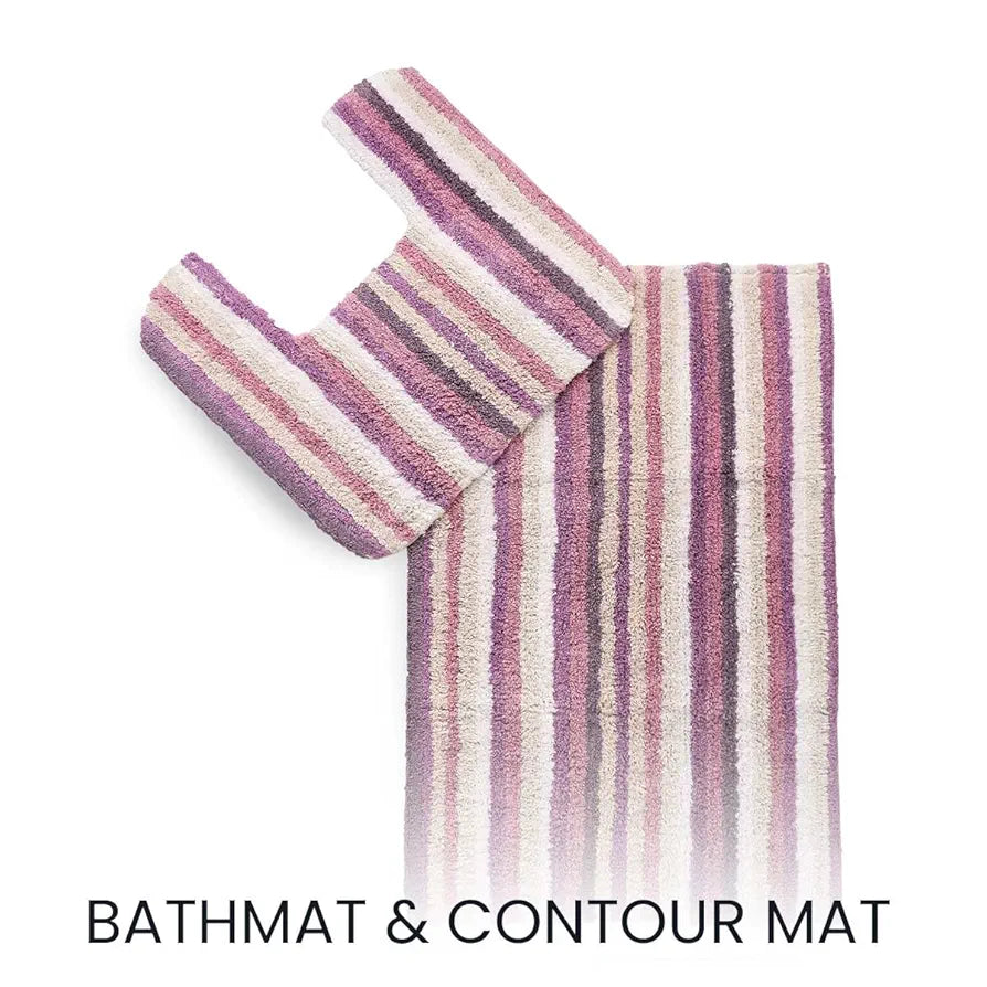 SASHAA WORLD Striped Anti Skid Bathmat & Contour Set 