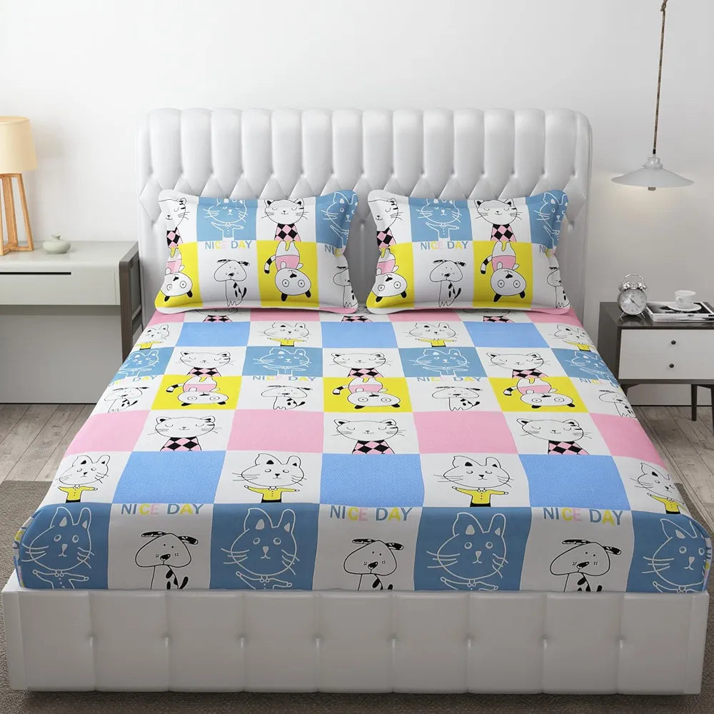 FRESH FROM LOOM Hypoallergenic Glace Cotton Kids Elastic Fitted Bedsheet,Rotary Printed,Wrinkle Free With 2 Pillow Covers,Aqua Pink,Nice Day),Double Bed,300 TC