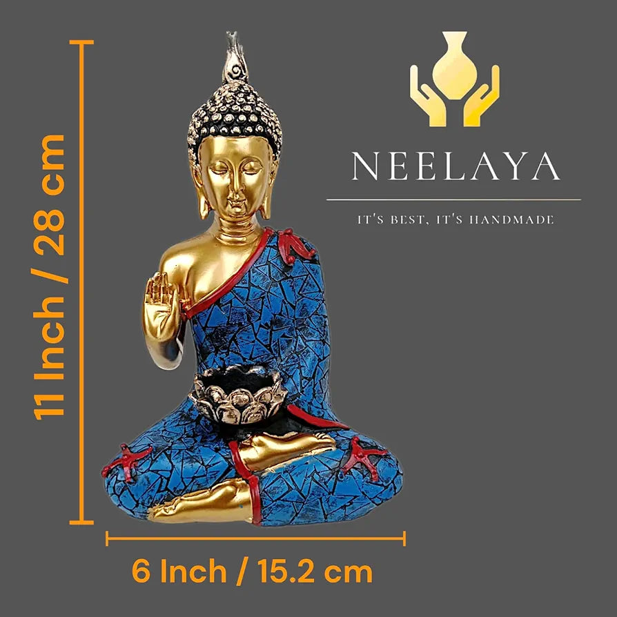 NEELAYA Meditating Buddha Statue with Tealight Candle Holder Polyresin Showpiece for Home Decor Living Room Office Vastu Gift Housewarming 28 cm Gold Blue