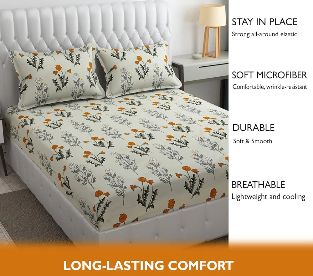 Fresh From Loom Floral Print Microfiber Fitted King Size Bedsheet Set - Anti Fade, 240 TC, 2 Pillow Covers Included | Pink, Floral Design)