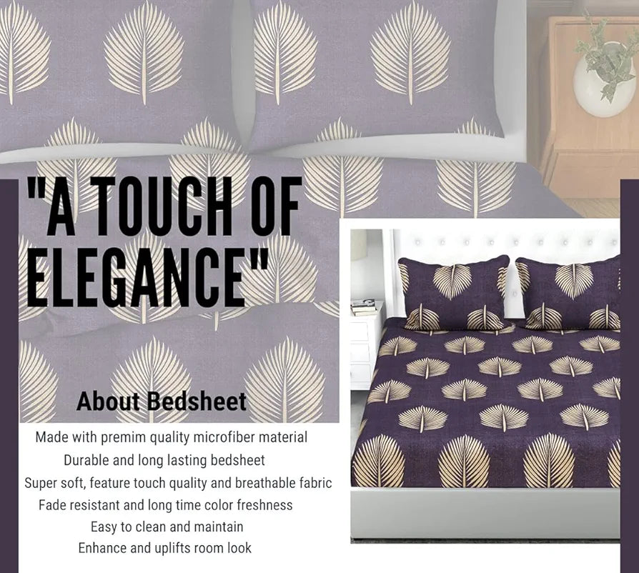 HOMEKART Leaves 180 Tc Ultra Super Soft Cotton Feel Microfiber Double Bedsheet with Two Pillow Covers for Your Bedroom 