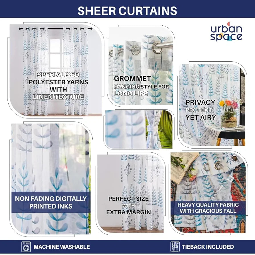 Urban Space Sheer Curtains for Door, 35-40% Light Filtering Linen Textured Curtains with Eyelets and TieBack for Bedroom, Set of 2 Decorative Curtains
