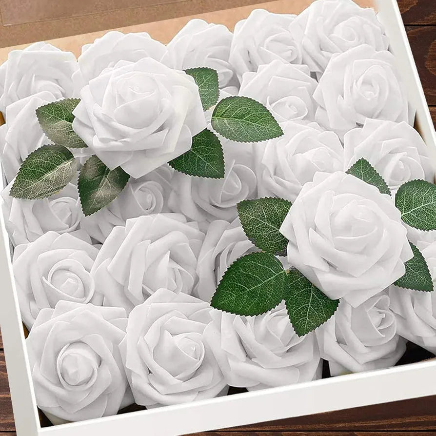 Higfra Artificial Flowers White Roses Real Looking Fake Roses with Stem Leaves for DIY Wedding Bouquets Centerpieces Arrangements Party Baby Shower Home Decorations - White