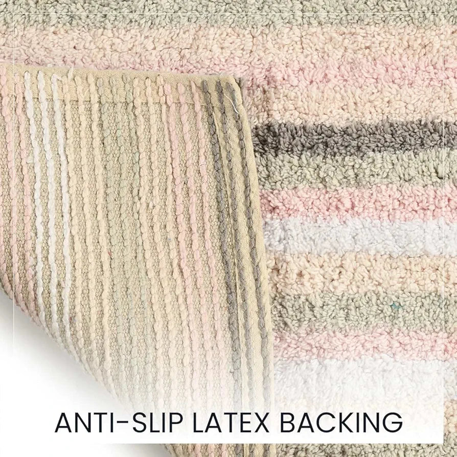 SASHAA WORLD Striped Anti-Skid Bathmat & Contour Set | Ultra Soft, Highly Absorbent, Perfect for Bathroom & Home, 2-Piece Set with Rectangle & Contour Mats | 50x80 cm, Peach, White & Grey