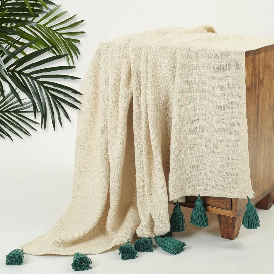 HOMADORN TC - 250 100% Cotton Off White Throw Blanket with Handmade Colorful Tassel for Sofa, Bed Couch  