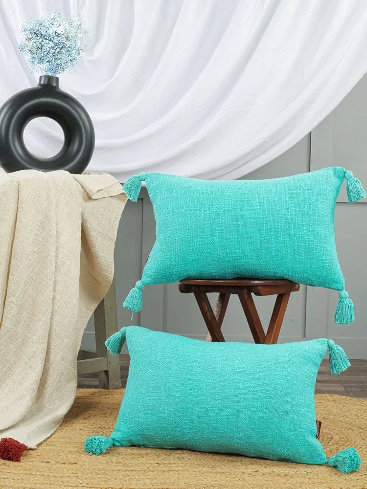 HOMADORN Luxury Cotton Handmade Decorative Boho Throw Pillow Covers with Tassels for Sofa Couch Living Room Indoor Outdoor Chair Car Farmhouse , Turquoise )