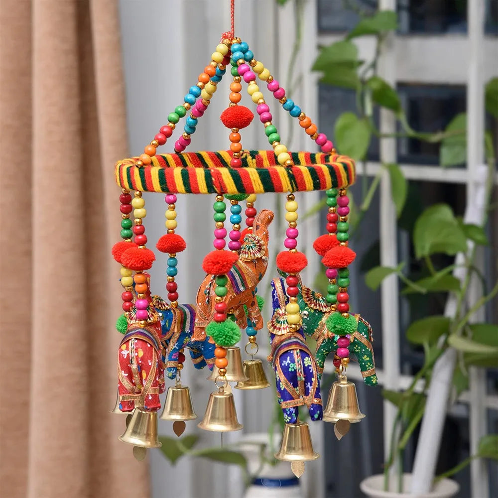 Kuber Industries Rajasthani Traditional Windchimes|Hanging Ring Elephant with Bells|Polyester Handcrafted Latkan|Decorative Door Hanging Latkan|Pack of 2 