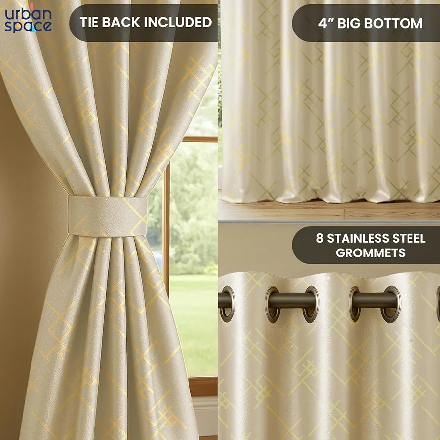 Urban Space Blackout Curtains for Living Room, Gold Foil Printed Luxurious 100% Blackout Decorative Door Curtain Eyelet with Tieback, 1 Piece 
