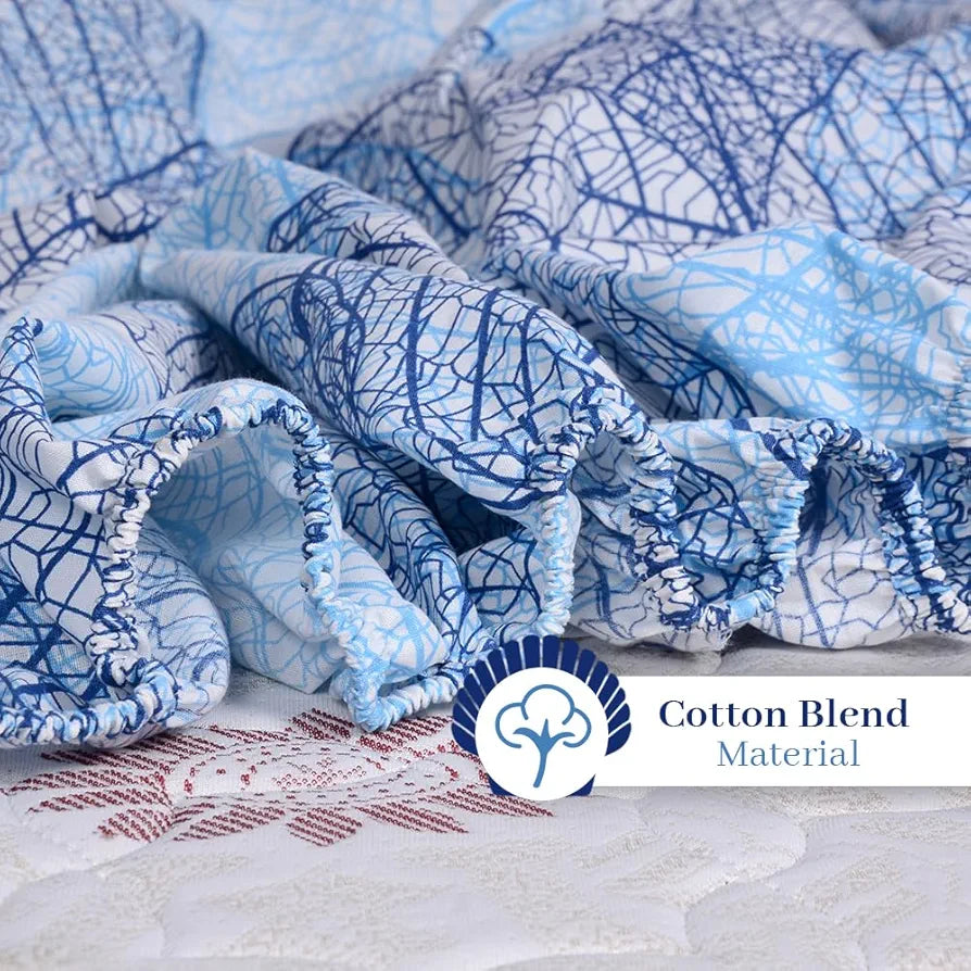 Divine Casa 144 TC Cotton Fitted Bedsheet for King Bed | Floral Print – Blue | Skin-Friendly & Breathable | Elastic Fit | 100% Cotton | Size 78 x 72 inches