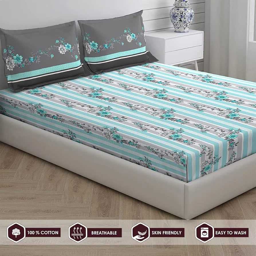 Layers Pavia 100% Cotton Bedsheet Set for All Seasons - Lightweight, Moisture Absorbent, Machine Washable & Easy to Care - Gift for Housewarming & More - 104 TC - Queen Size 