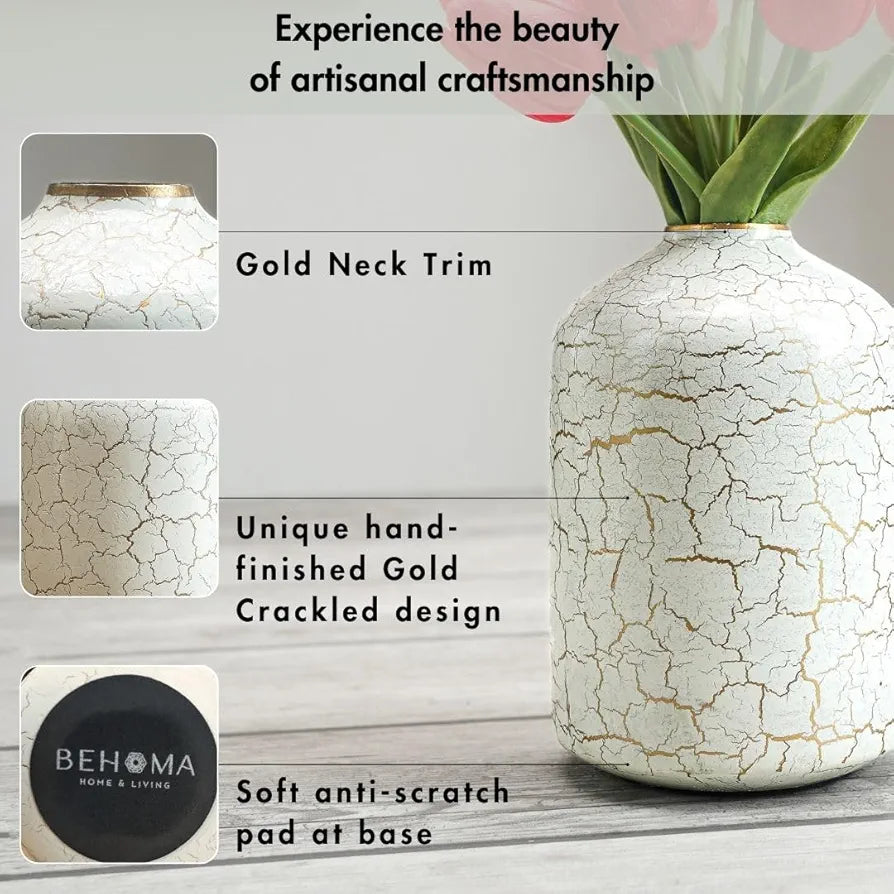 Behoma Metal Flower Vase for Home Decor Bedroom Living Room Office Wedding | Table Decorative Item for Festivals Birthday Off-White Crackled 1Pcs 
