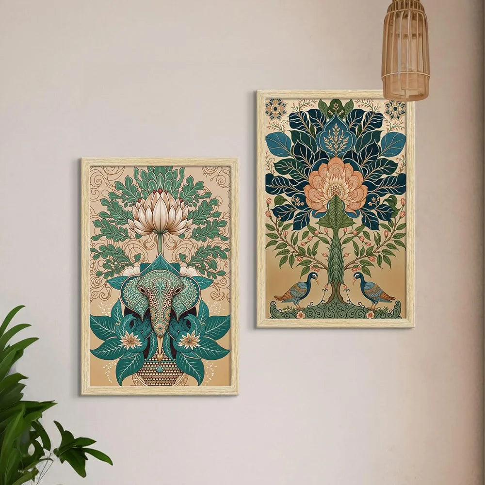 ArtX Paper Madhubani Art Paintings with Frame for Home Decor, Wall Painting for Living Room, Multicolor, Natural Wood Color Frames, Set of 2