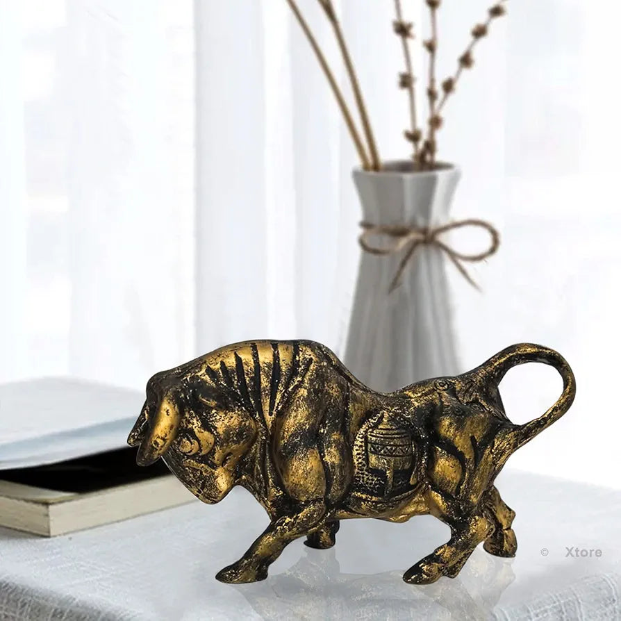 Xtore Brass Finish Bull Resin Statue for Home Decor 