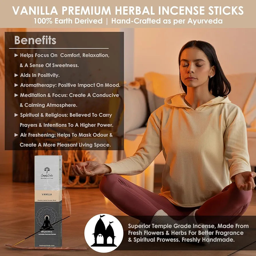 Simply Vedic Vanilla Incense Sticks – 250g Pack  | Charcoal-Free | Natural Essential Oils for Meditation, Sleep, Mood, Yoga & Aromatherapy Use