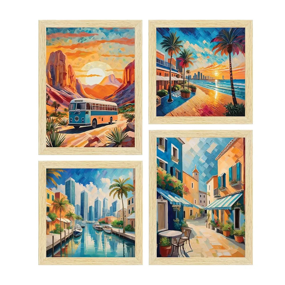 ArtX City Sunrise Paintings with Frame for Home Decoration, Living Room/Bedroom, Office Décor Framed Painting for Wall Decoration, Abstract, Multicolor, Set of 4