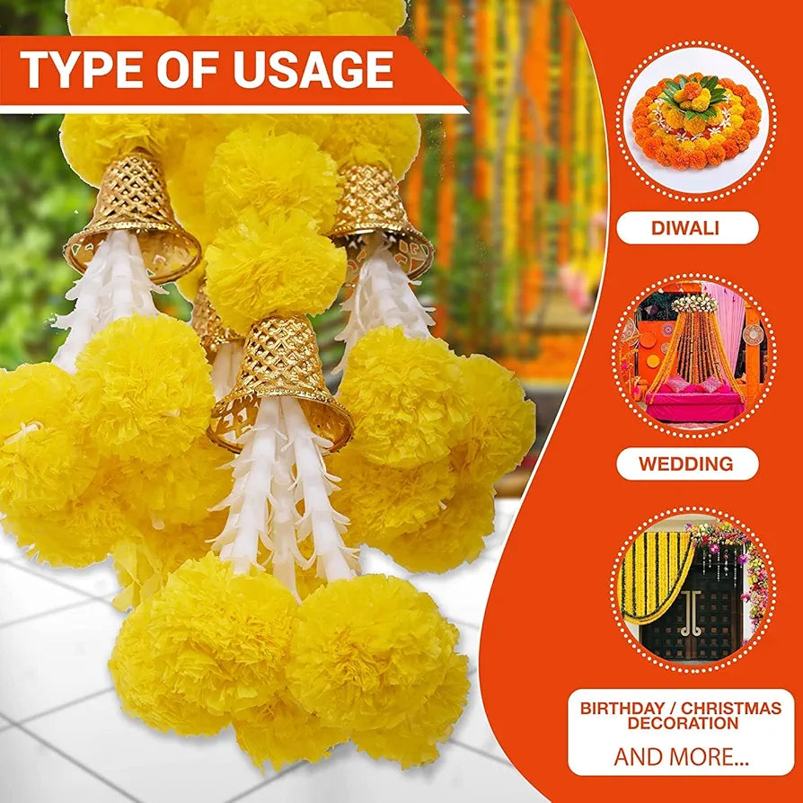 HOME BUY Artificial Marigold Flowers For Decoration Garland With Bell For Diwali & Festivals | 5 Feet Long 5 Pcs With 1 Diya , 5 Centimeters