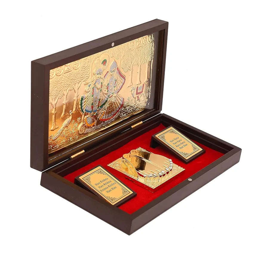 JAIPUR ACE Gold Plated Radhe Shyam Charan Paduka yantra | Devotional Prayer Box Wooden Momento with Natural Fragrance for Home or for Gifting 