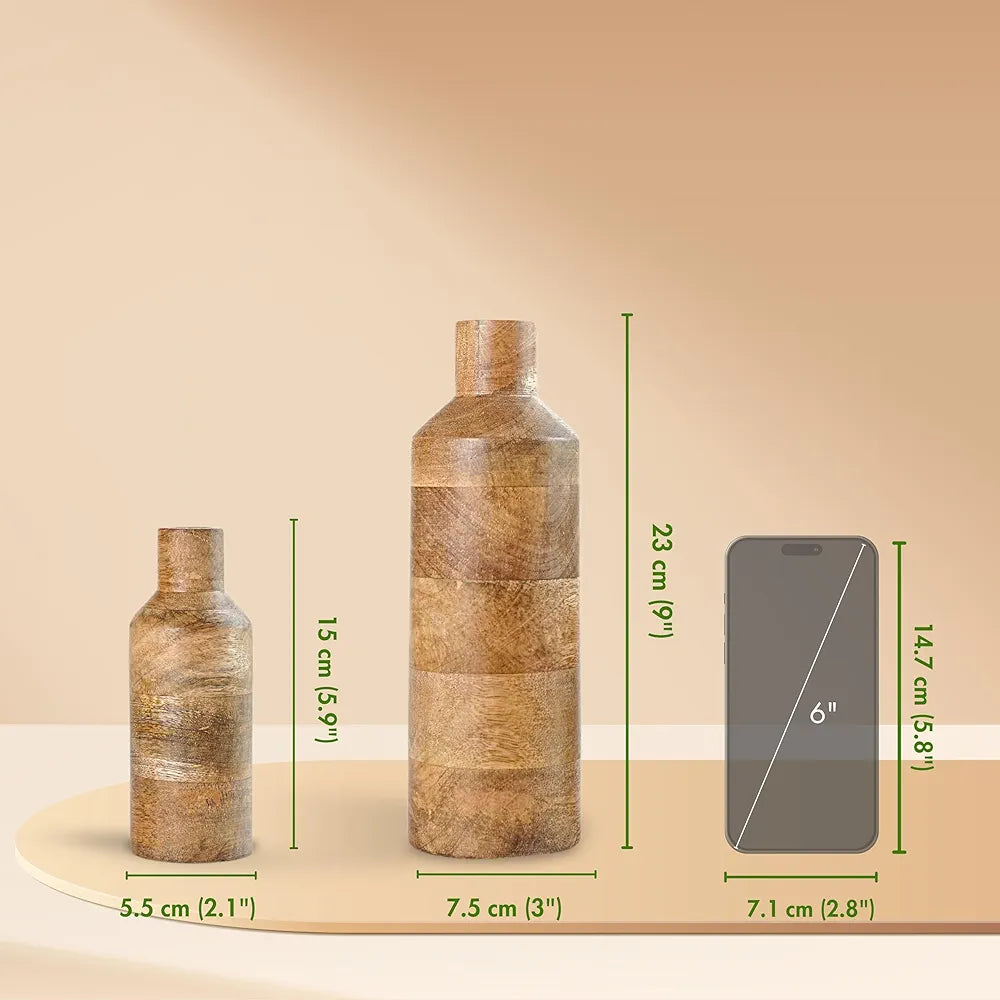 Behoma Wooden Flower Vase Set of 2, Bottle Shape Mango Wood Vases for Flowers for Decor Home Living Room Kitchen Office, Natural Light Brown Finish | Height - 9 inch  & 5.9 inch 