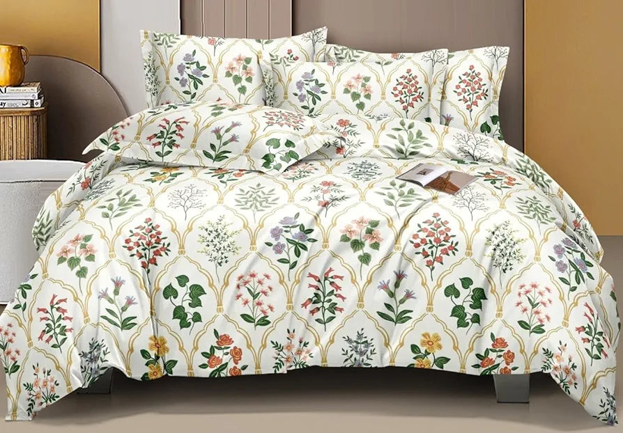 THE HOME STYLE Cotton Feel Glace Cotton Elastic Fitted All Around Printed Full Length Single Bed Bedsheet With 1 Pillow Cover 400 TC  White