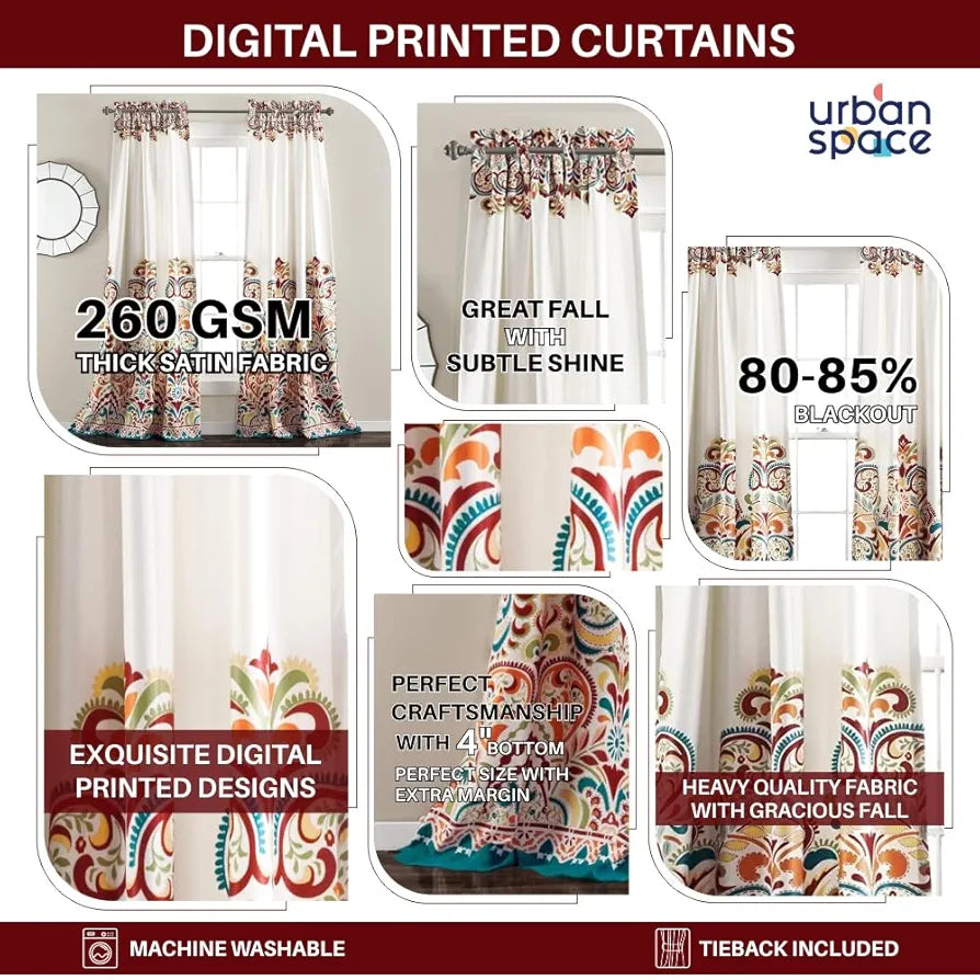 Urban Space Digital Printed Blackout Curtains for Door Bedroom, 80-85% Room Darkening Blackout Kids Decorative Curtains, 1 Piece Curtain with Eyelets and Tieback 