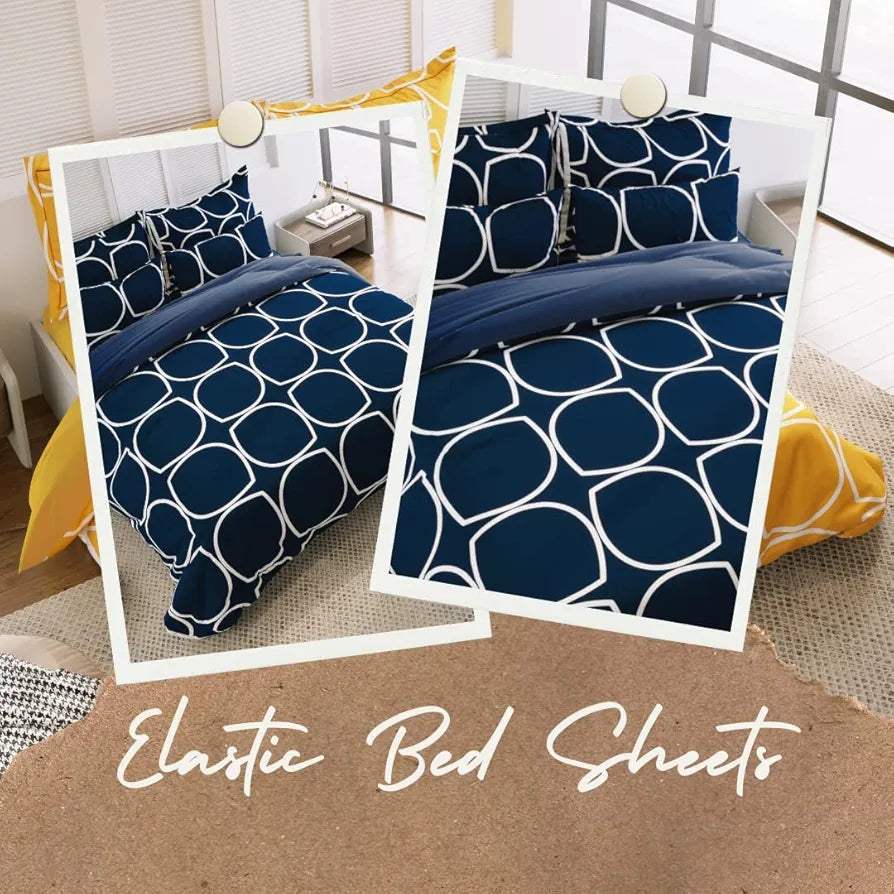 THE HOME STYLE 400 TC Supersoft Cotton Feel Glace Cotton Elastic Fitted Printed King Size Double Bed Bedsheet wih 2 Pillow Cover 