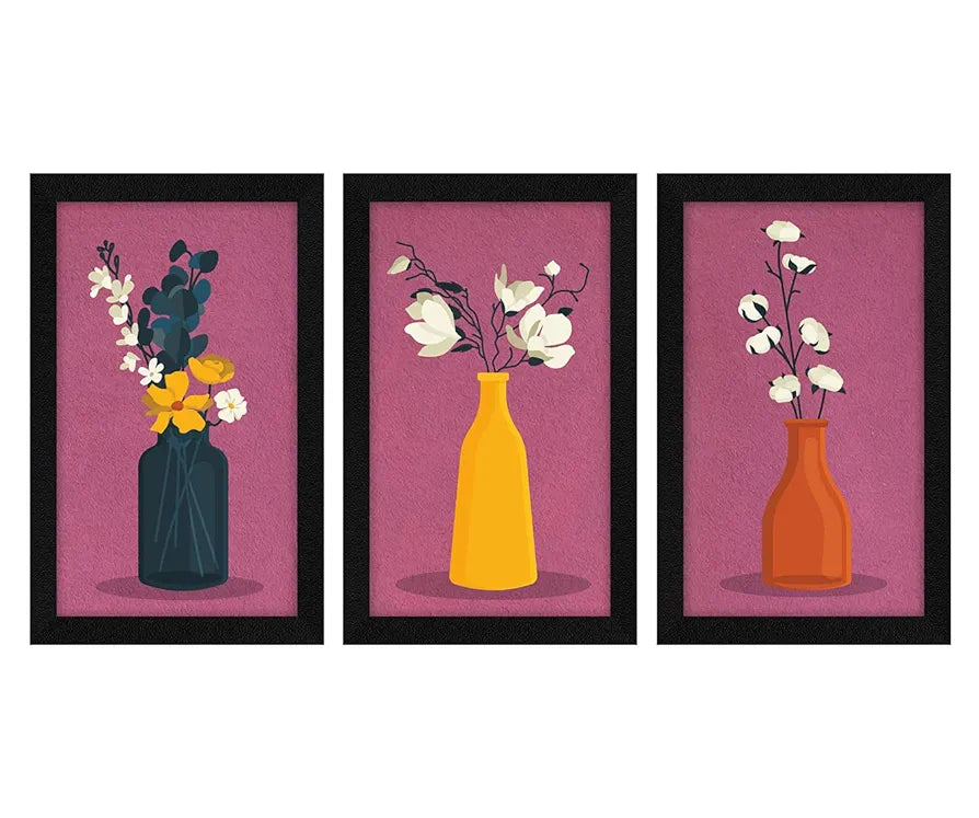 ArtX Paper Floral Vase Wall Art Painting, Framed Paintings, 13 X 25.5 inches, 8.5 X 13 each, Multicolor, Set of 3 