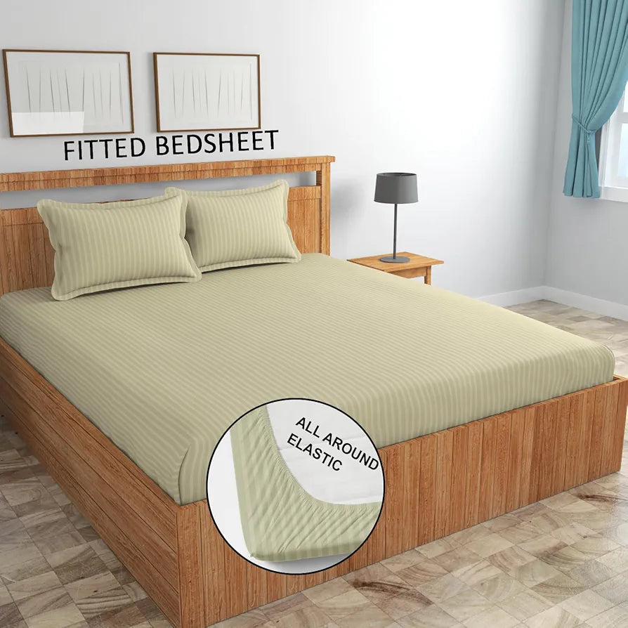 Homefab India 160 TC Stripe Cotton Feel Glace Cotton Elastic Fitted King Size Double Bed Bedsheet with 2 Pillow Covers Fits Upto 6 inches Mattress, Size-72X78 inches, Ecru