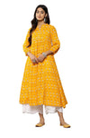 Janasya Women's Mustard Cotton Botanical Printed Flared Kurta