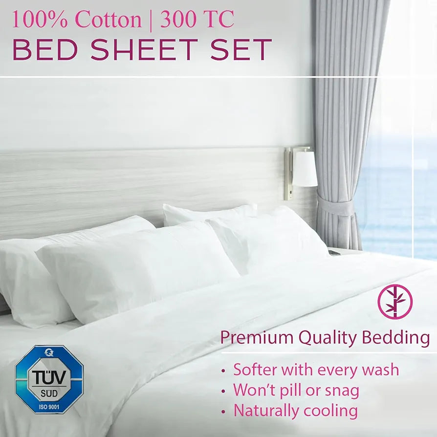 Trance Home Linen Premium 300 TC Pure 100% Cotton Queen Fitted Bedsheet with 2 Pillow Covers 