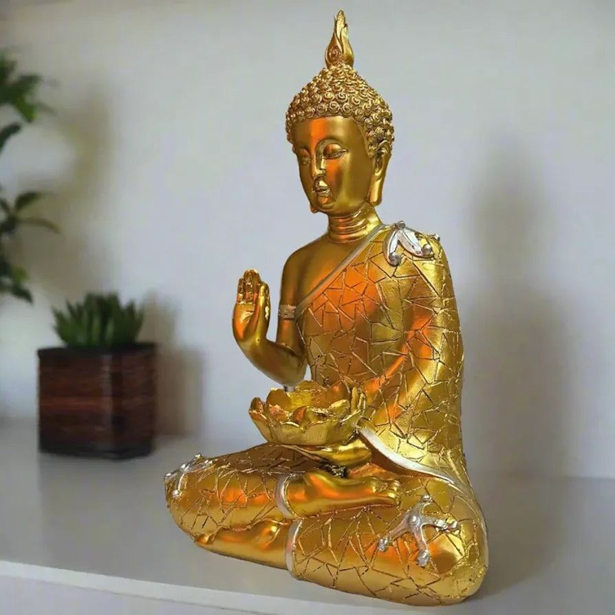 ALILA Golden Meditating Buddha Statue Idol for Home Living Room Decor Office Corporate Gift, 9 Inches