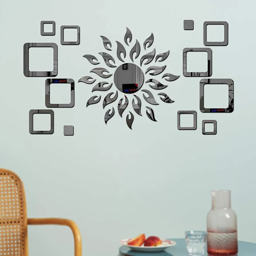 Bikri Kendra Art BK76, Sun with Square 2 Set - 3D Acrylic Wall Mount Mirror Stickers - Black