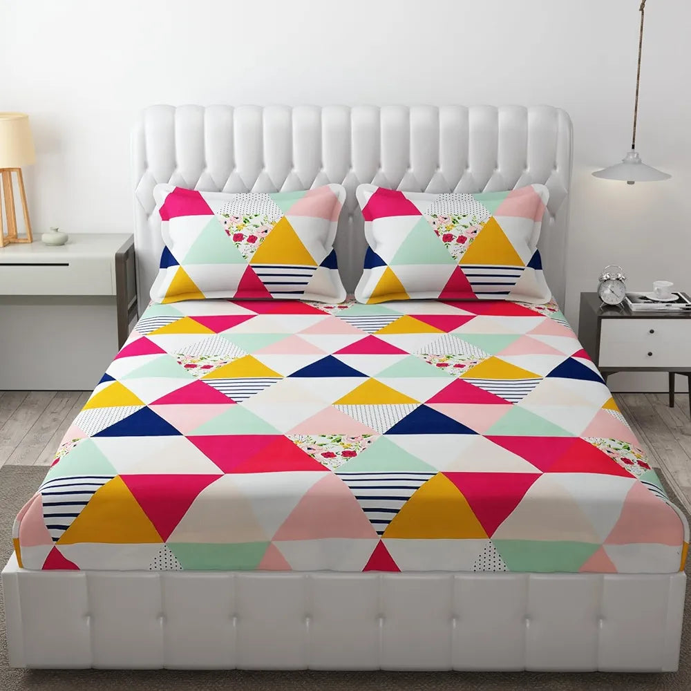 FRESH FROM LOOM Soft Glace Cotton Fitted Bedsheet King Size Bed With Two Pillow Cover,Elastic Fitted Geometric Bed Sheets,Bed Covers For Mattresses Tuck In,144 TC