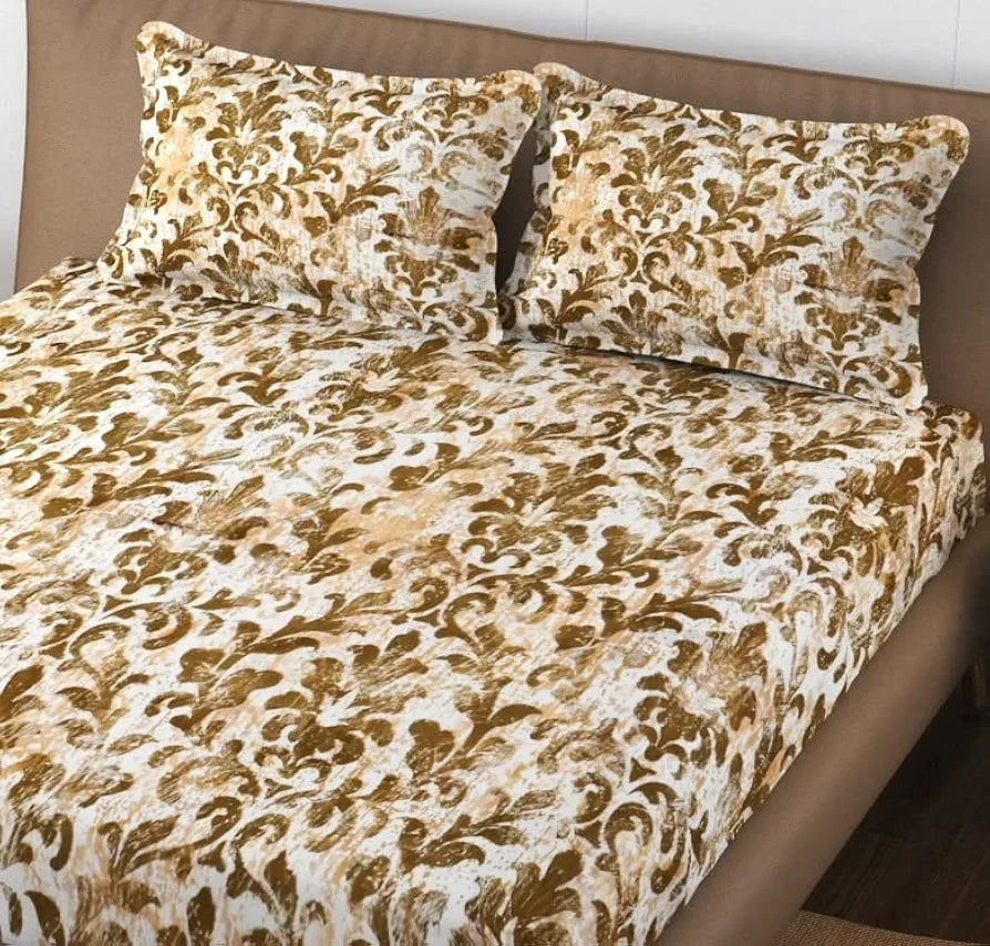 Trance Home Linen 250TC Premium 100% Cotton Printed Queen Size Fitted Bedsheet with 2 Pillow Covers - 