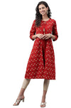 Janasya Women's Red Crepe Ikat Printed Jacket Style Kurta