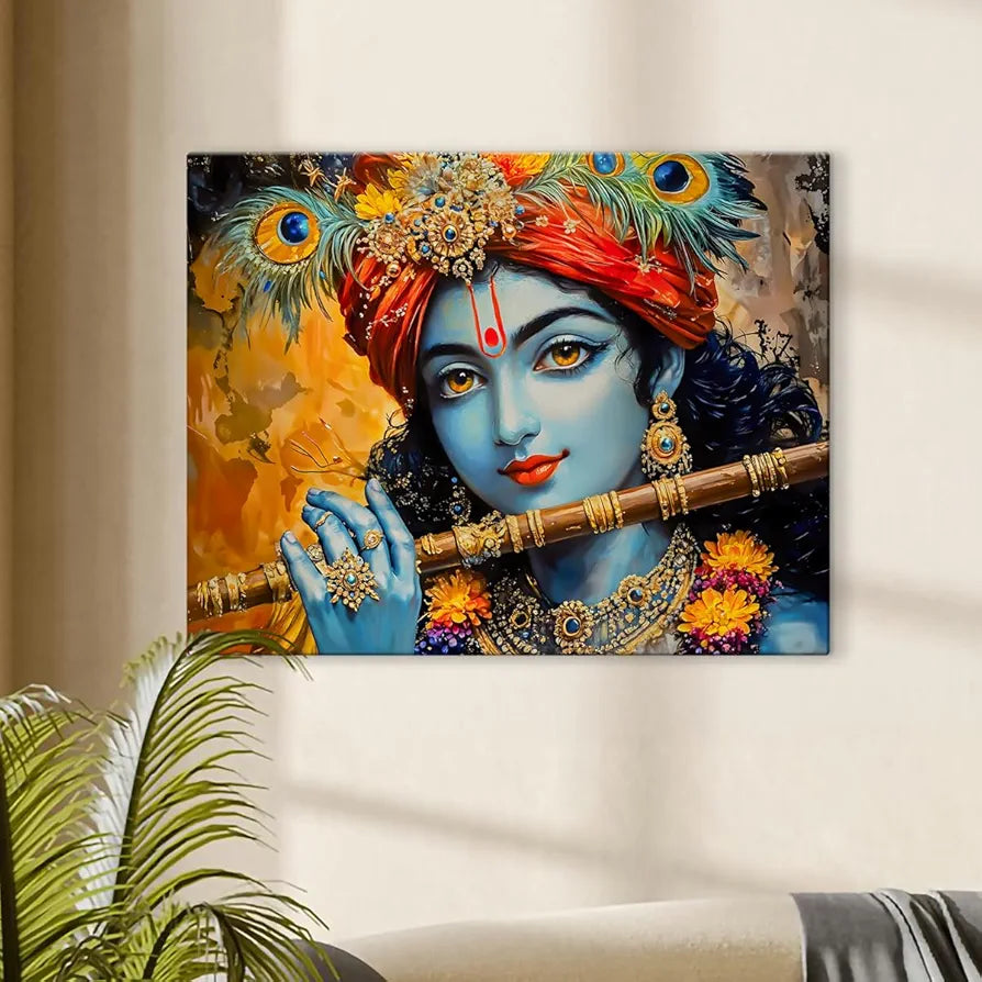 ArtX Canvas Krishna Playing Flute Wall Painting, Krishna Photo Frame For Living Room, Bedroom, Multicolor, Abstract, 58.0 X 45.0 cm, Set of 1