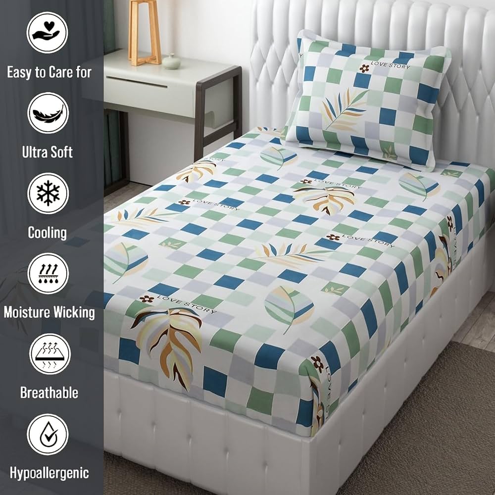 FRESH FROM LOOM Microfiber Single Bedsheet for Single Bed | Wrinkle Free Floral Design Bed Spread | 1 Pillow Covers | Hypo-Allergenic Bedsheets/Bedcover , 144 TC