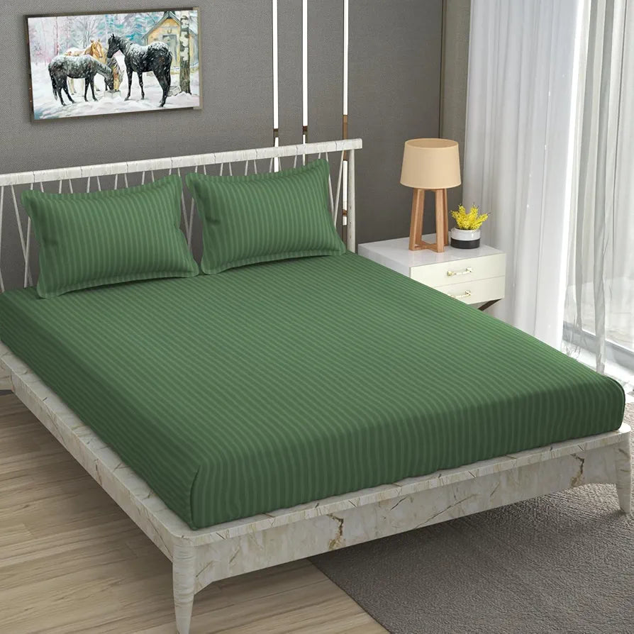 Homefab India 160 TC Stripe Glace Cotton Double BedSheet with 2 Pillow Covers -  - Dark Green