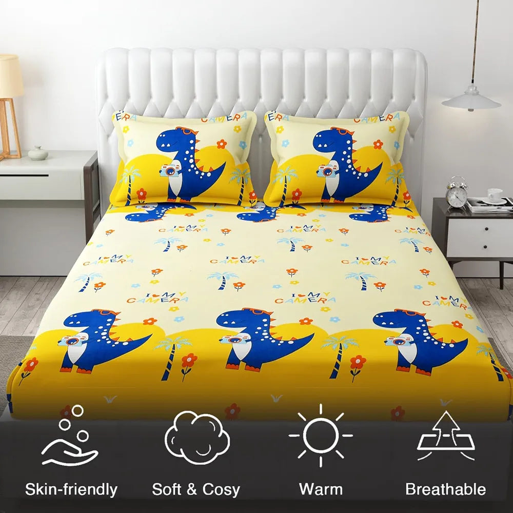 FRESH FROM LOOM Glace Cotton Wrinkle Free Soft Hypoallergenic Elastic Fitted Bed Sheet|Cartoon Printed|Bedsheet For Kids Room|Dino),144 Tc,Multicolor,Double Bed