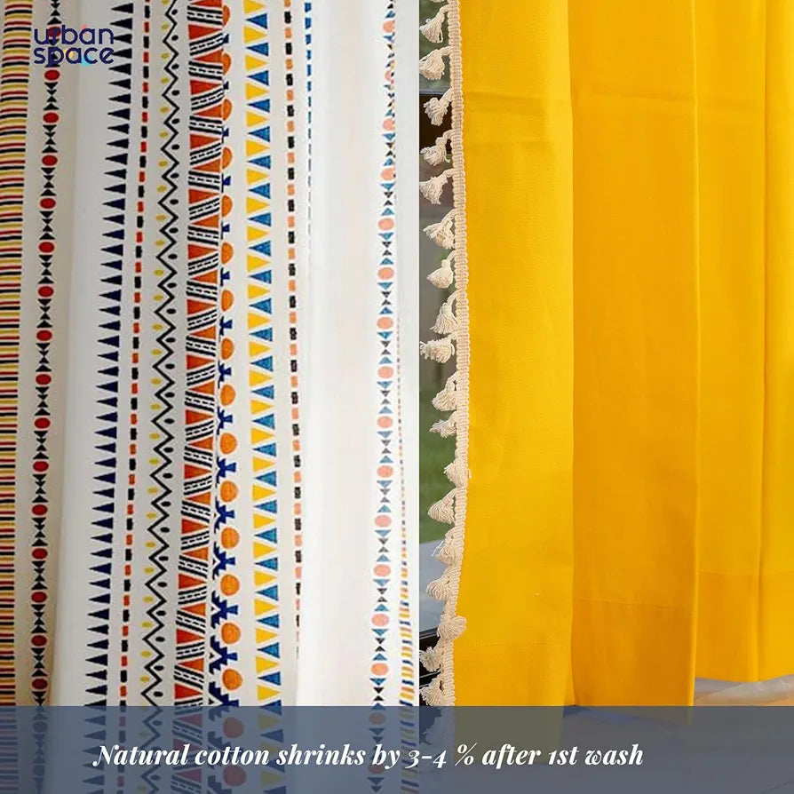 Urban Space Geometric 100% Cotton Curtains For Door, Set Of 3 Curtains 7 Feet Long, 60-65% Room Darkening Curtain, Tieback & Eyelets Included With Curtains For Home Decor 