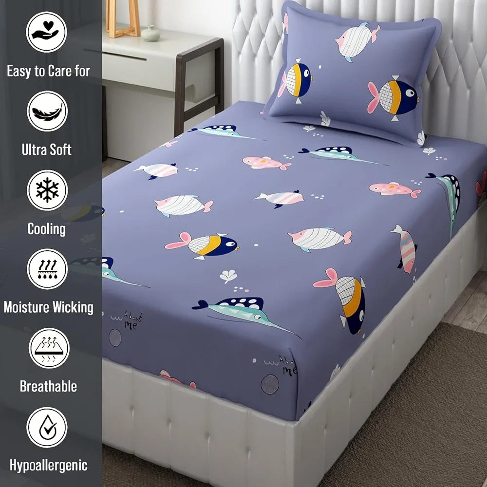 FRESH FROM LOOM Glace Cotton 300 tc Wrinkle Free Soft Hypoallergenic Elastic Fitted |Cartoon Printed Bedsheets for Kids with 1 Pillow |Fish/Blue), Smallsingle