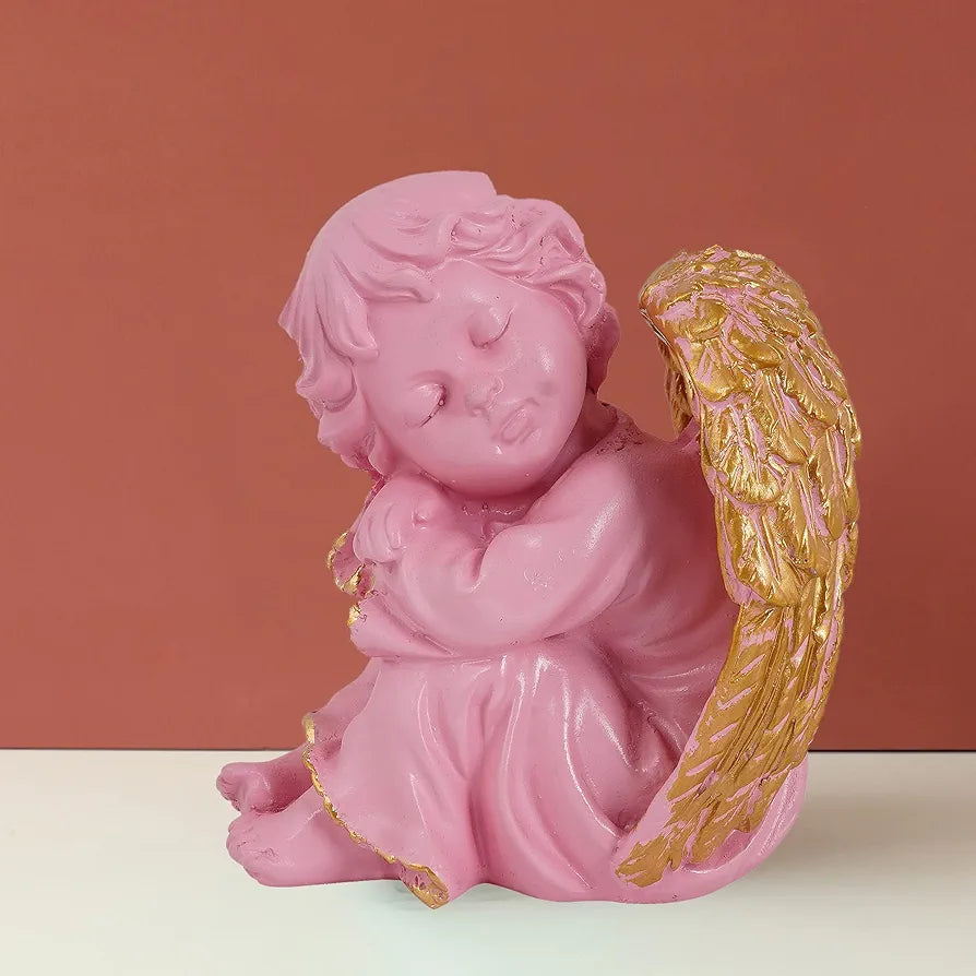 Zart Angel Girl Statue for Home Decor | Winged Angel Pink Resin Figurine