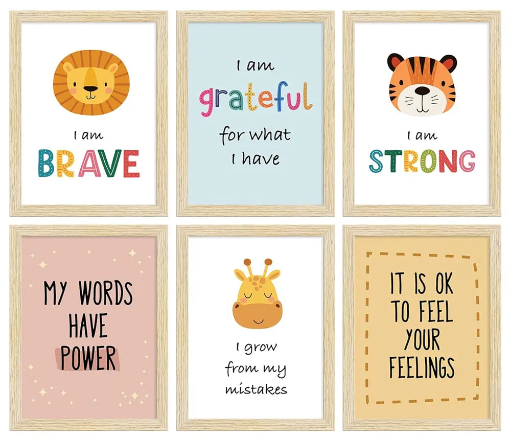 ArtX Paper Cartoon Animals Motivational Quotes Wall Paintings for Kids Room Decoration, A4 Size, Multicolor, Synthetic Wood Frame, Set of 6