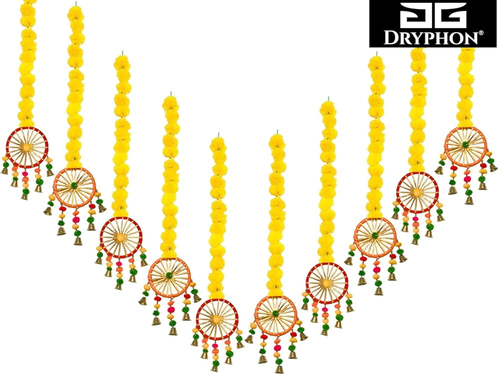 DRYPHON Artificial Marigold Flowers With Pom Pom Ring Bell Hanging Garlands for Home Decoration, Diwali, Wedding, Puja 