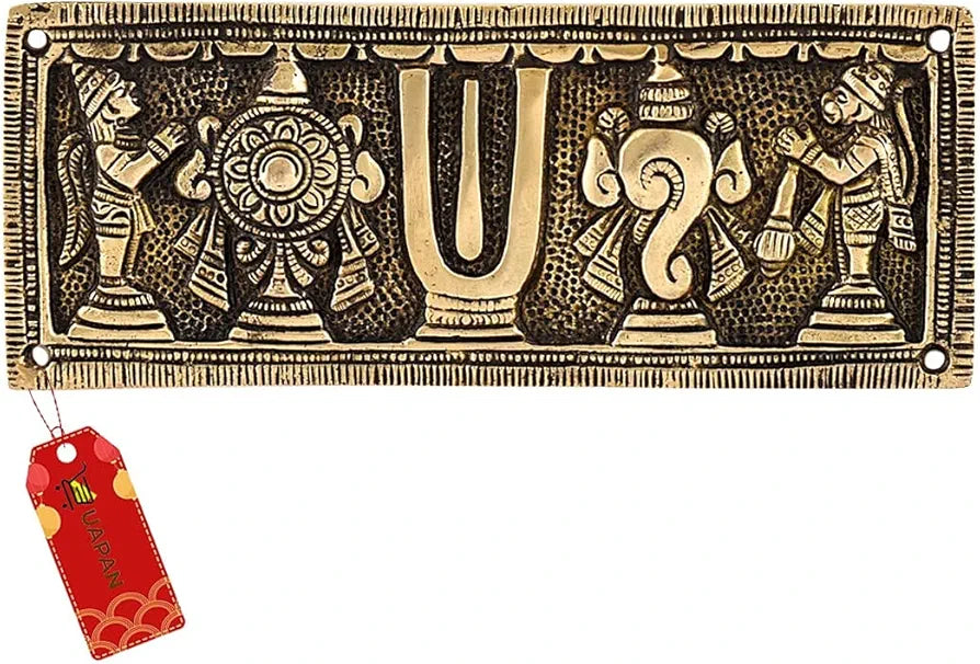 UAPAN Brass Tirupati Balaji shankh Chakra Namah Plate Pure Brass Gold Plated Big Version for Wall & Door
