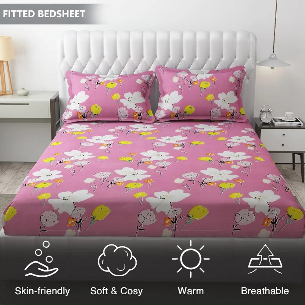 FRESH FROM LOOM Elastic Fitted Floral Bed Sheets|Bed Covers For Mattresses Tuck In|Soft Glace Cotton Fitted Bedsheet King Size Bed With Two Pillow Cover,144 TC