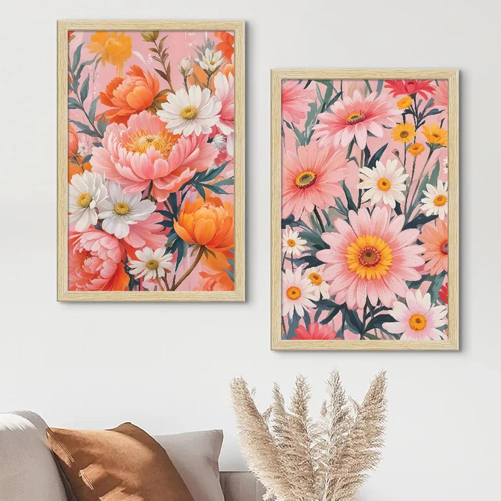 ArtX Paper Floral Art Paintings with Frame for Home Decor, Wall Painting for Living Room, Multicolor, Natural Wood Color Frames, Set of 2