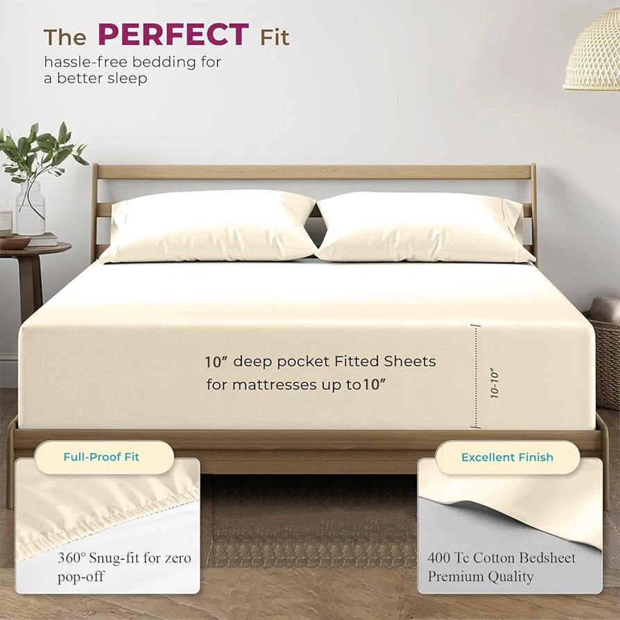 Trance Home Linen 100% Cotton 78x72 inch King Elastic Fitted Bedsheet | 400 Thread Count Premium Hotel Quality Fitted Plain Elastic Bedsheet with 2 Pillow Covers 